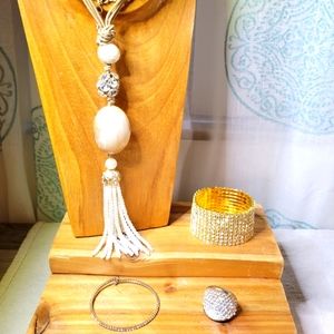 Gold Tone MOP and Rhinestone Jewelry Bundle Necklace, Ring, and 2 Bracelets